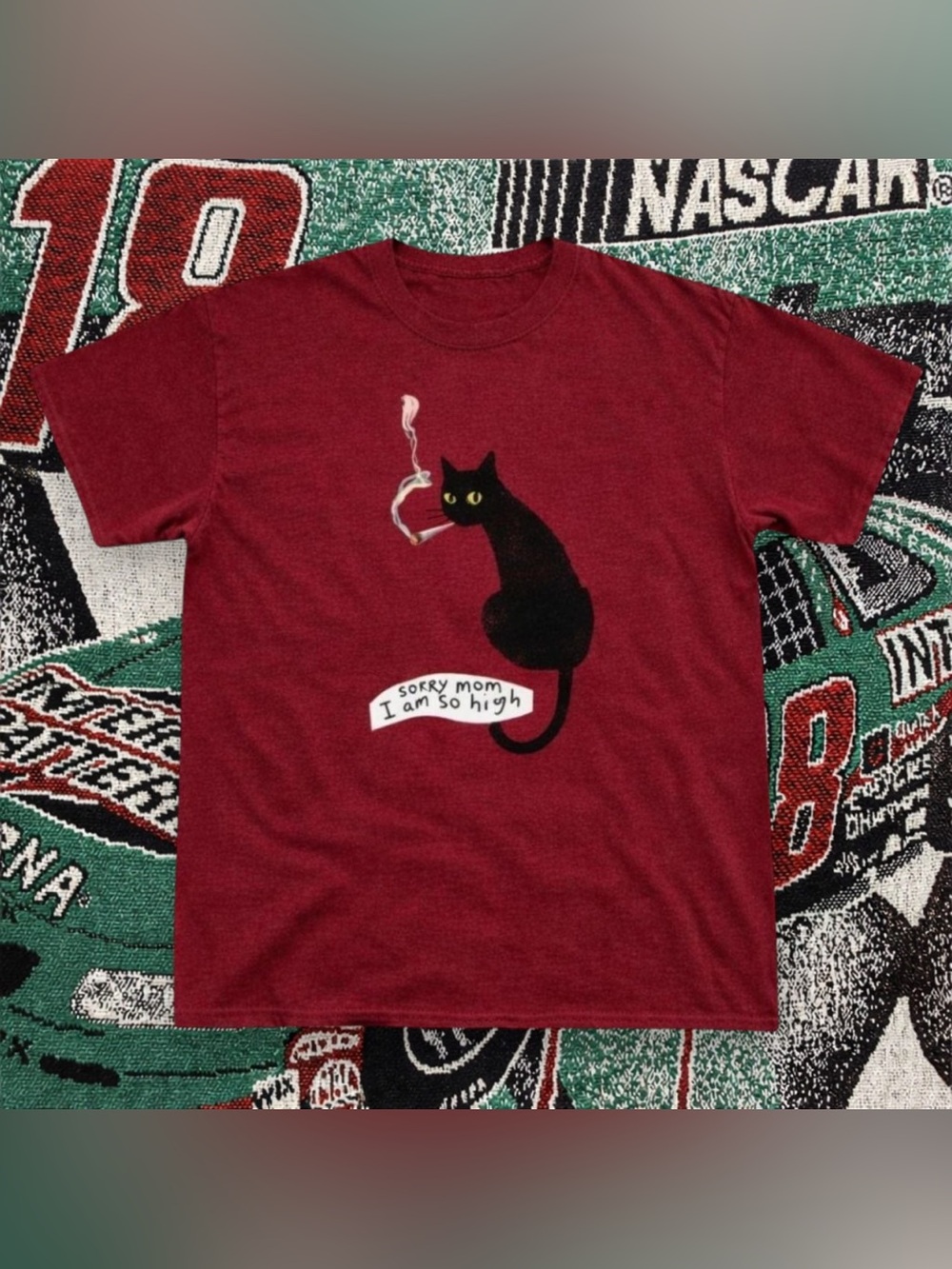 Gildan Black Cat Smoking Graphic T-Shirt Antique Cherry Red For Unisex